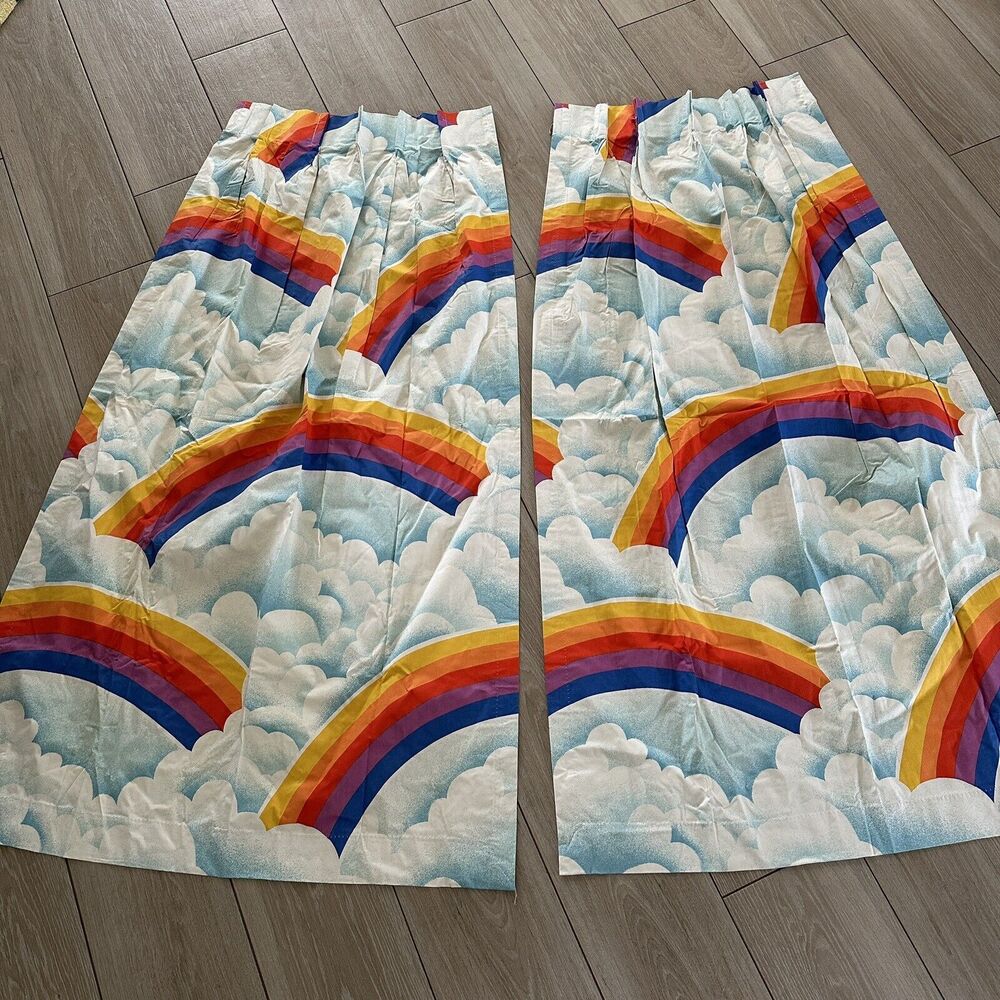 Vintage Sears Roebuck Rainbow Clouds Drapes Curtain Panels Set of 2 Pinch Pleat